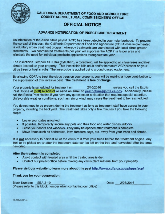 Letter received by homeowners regarding imminent pesticide spraying